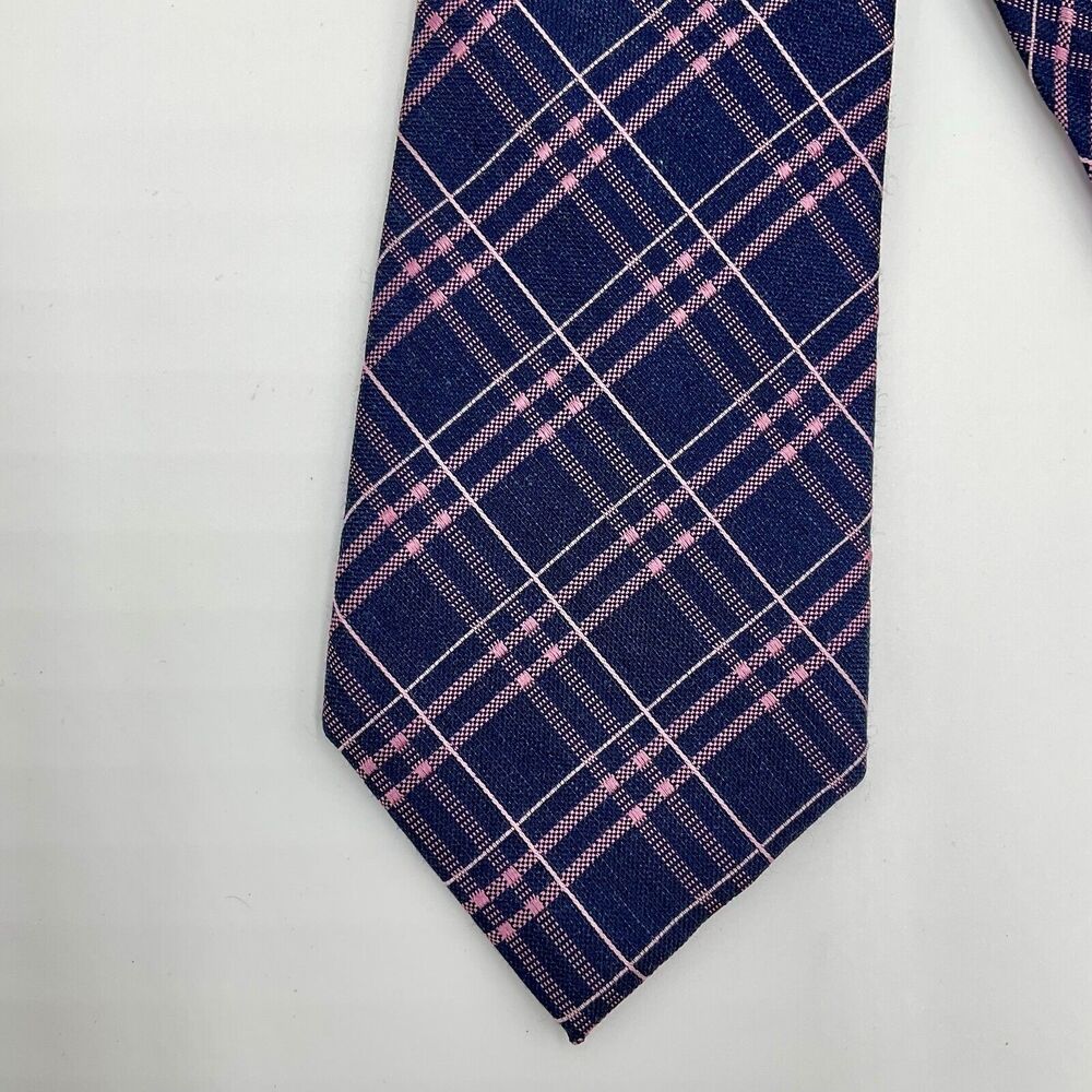 Michael Kors Plaid Necktie Tie Navy Blue‎ Pink Silk Blend